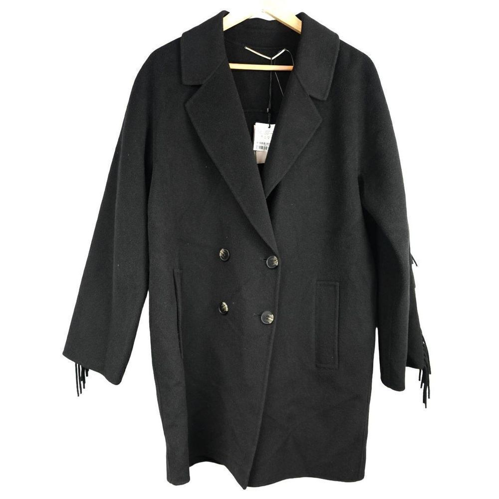 Marella Double Breasted Fringe Wool Blend Coat Black Size 12